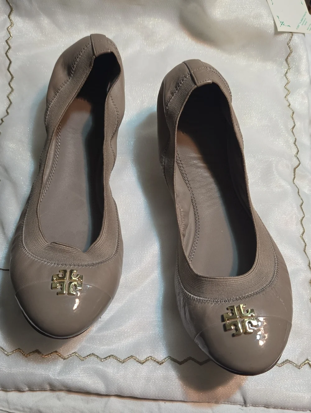 Tory Burch Taupe Patent & Leather Logo Ballet Flats